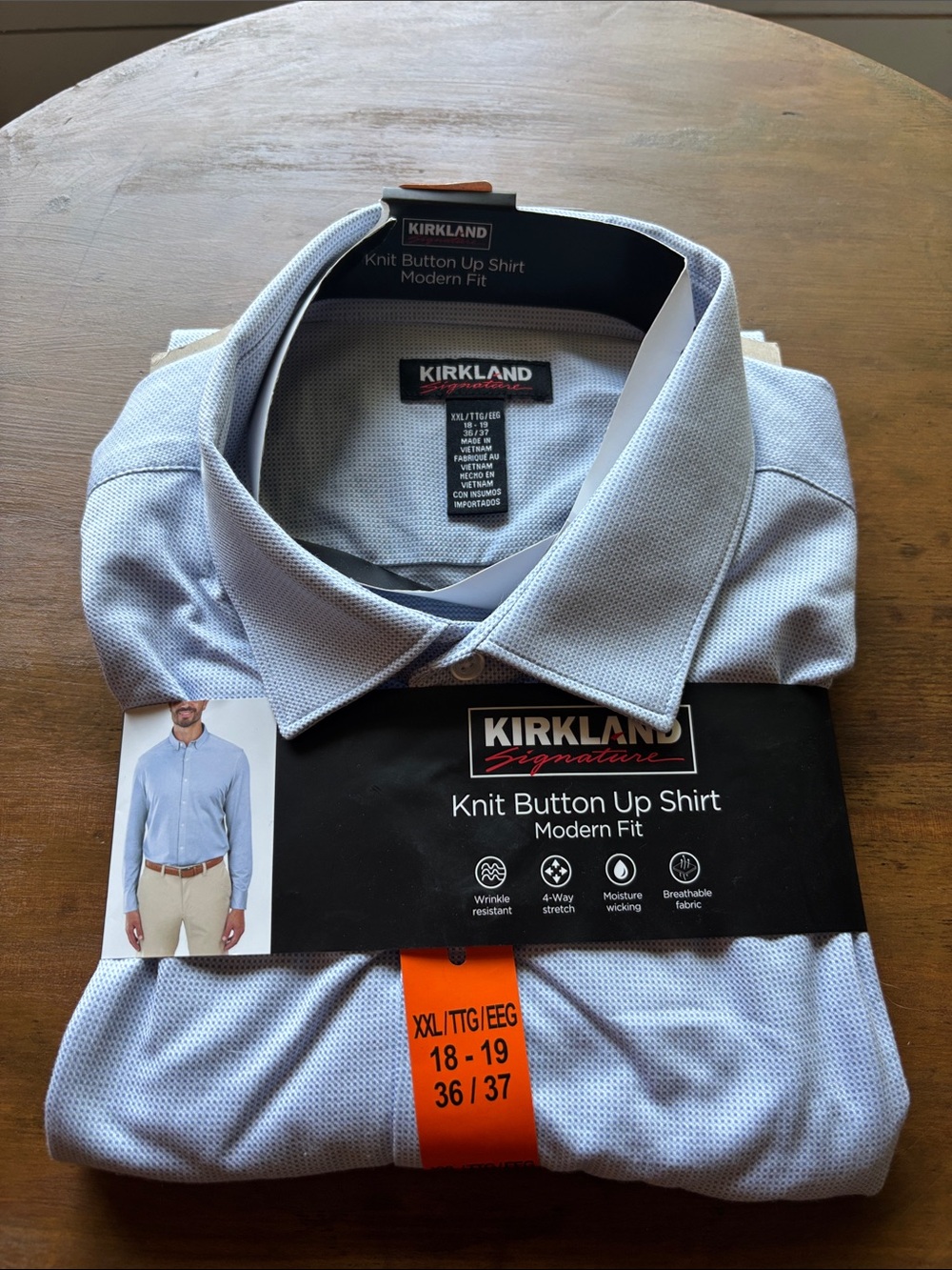 Kirkland Signature Light Blue Knit Button-Up Shirt - Modern Fit